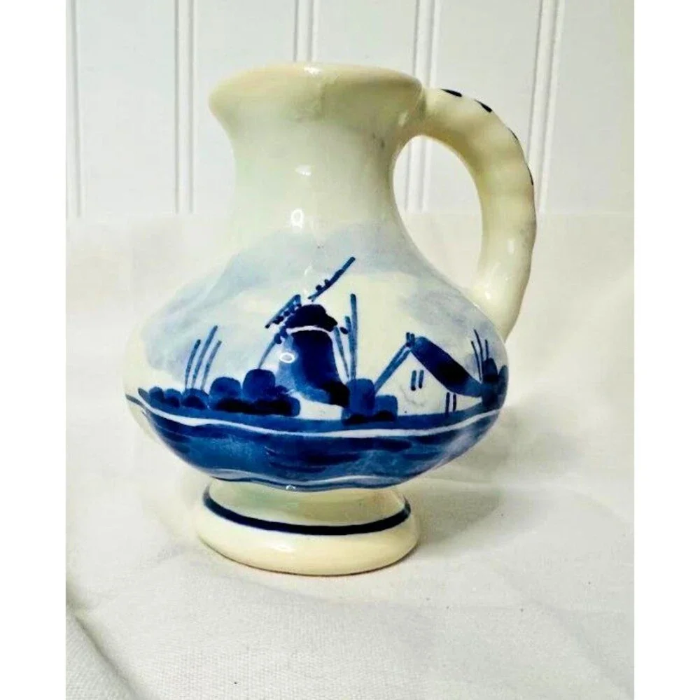 Vintage Hand Painted Delft Holland Miniature Porcelain Pitcher Creamer Windmill